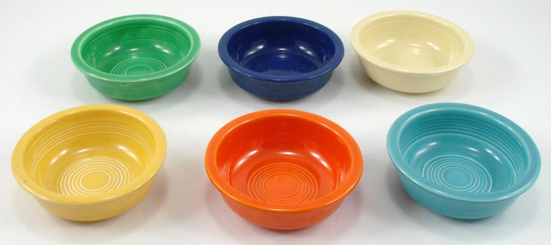 (6) VINTAGE FIESTA 4 3/4" FRUIT BOWLS: In each of the original six colors: red, cobalt, green, yellow, ivory and turquoise; production glaze loss on foot rim of green bowl; (5) with "Fiesta Made in USA HLC" impressed mark, cobalt with "Fie