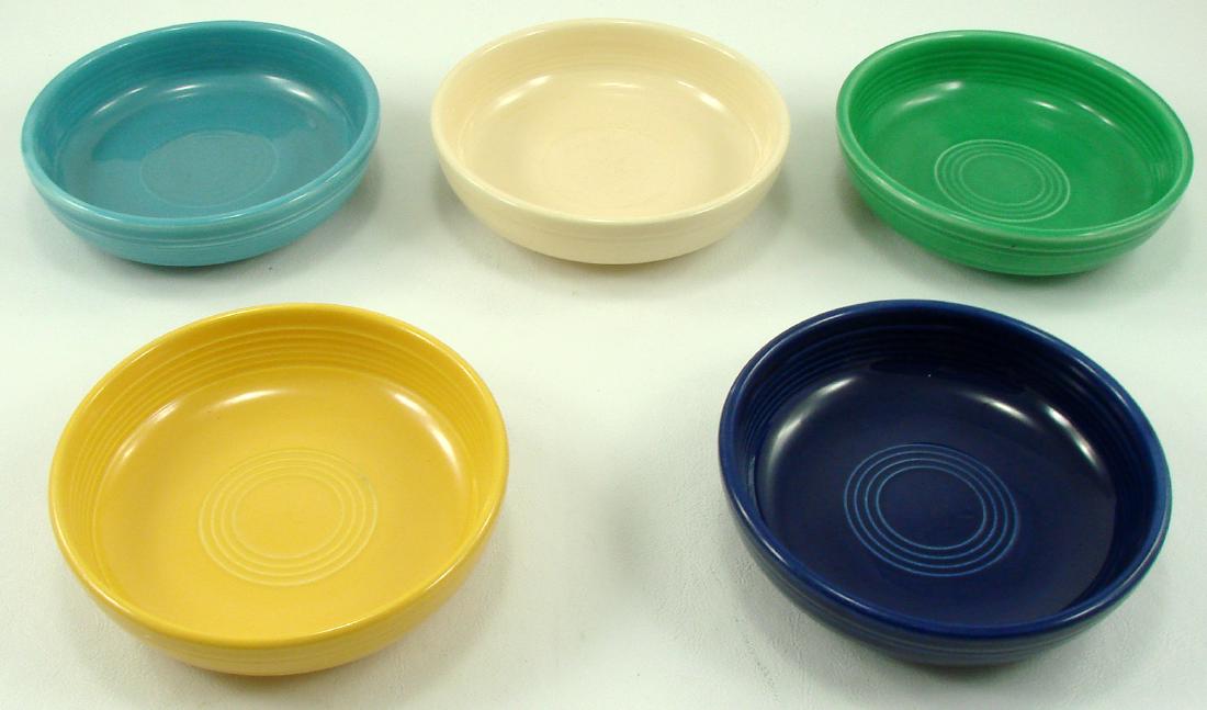 (5) VINTAGE FIESTA DESSERT BOWLS: In ivory, yellow, green, turquoise and cobalt; very light wear in bottom of several bowls; each having impressed "Fiesta Made in USA, HLC" stamp; Dia.-6 3/16", VG-EX