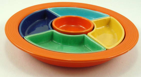 VINTAGE FIESTA RELISH TRAY: Red outer tray, yellow, turqoise, cobalt and green inserts, red central insert; each insert and base has impressed "Fiesta HLCo USA" mark, cobalt insert has inkstamp over impressed mark; Dia.-10 7/8",