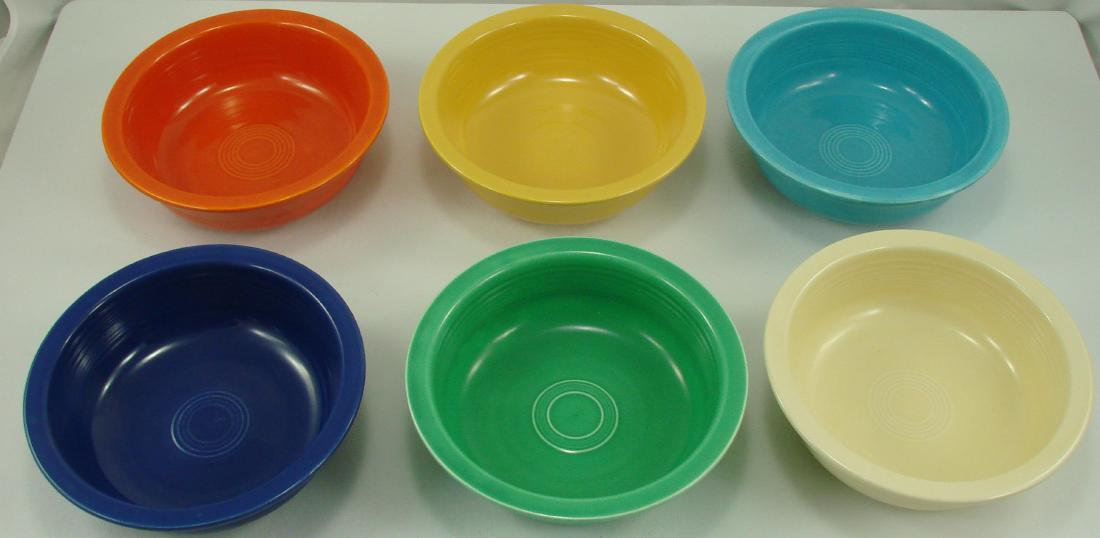 (6) VINTAGE FIESTA 8 1/2 INCH NAPPY: In each of the original six colors: red, cobalt, green, yellow, ivory and turquoise; (4) have impressed "Fiesta HLC USA" stamp; ivory and turquoise have "HLC (monogram" Fiesta Made in USA"; overall ve