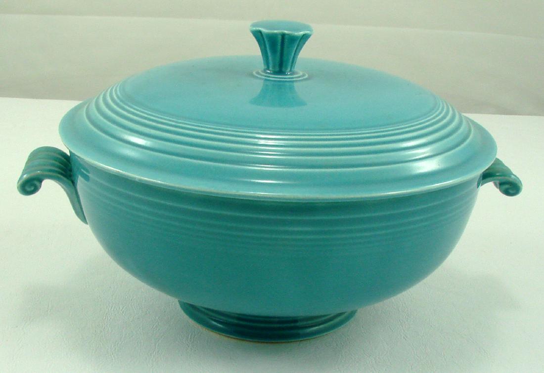 VINTAGE FIESTA COVERED CASSEROLE: Turquoise, two handled with cover; impressed "HLC (monogram) Fiesta Made in USA"; L-9 3/4", EX