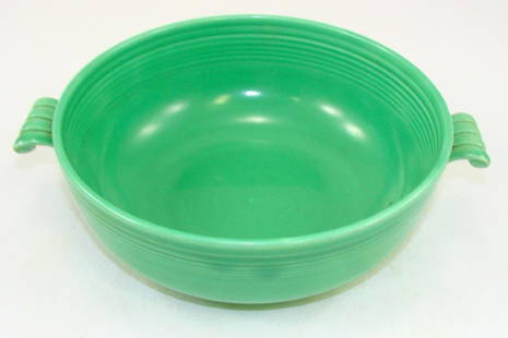 VINTAGE FIESTA TRICOLATOR CASSEROLE: Green - two handled casserole, no foot; variation for Tricolator Products circa 1938; produced without a lid; marked "Tricolator Products USA"; some rubs and glaze loss to edges of handles; L-9 1/2",