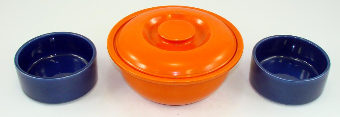FIESTA KITCHEN KRAFT CASSEROLE & REFRIGERATOR BODIES: Includes: (2) cobalt Kitchen Kraft refrigerator bodies, each impressed "HLC (monogram) Fiesta Kitchen Kraft U.S.A."; Dia.-5 1/4"; (1) covered casserole, red, unmarked; Dia.-8 5/8"; EX