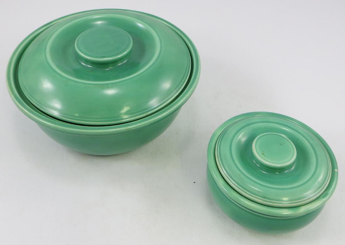 FIESTA KITCHEN KRAFT COVERED CASSEROLES: Includes: (1) "individual" casserole, green, small glaze pop on rim; Dia.-4 5/8"; (1) "medium" covered casserole, green, Dia.-7 15/16"; each marked "HLC (monogram) Fiesta Kitchen Kraft USA"; VG+