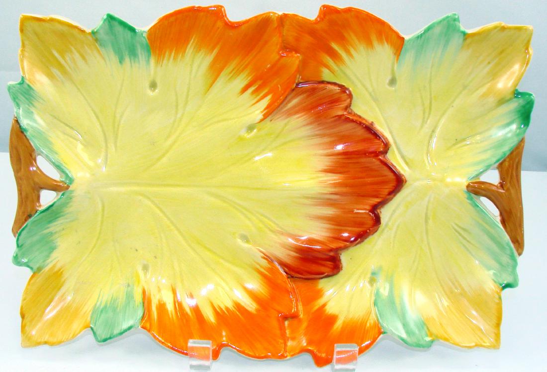 CLARICE CLIFF CERAMIC LEAF DISH: Art Deco, double handles; minor glaze loss, crazed, L-12", G-VG