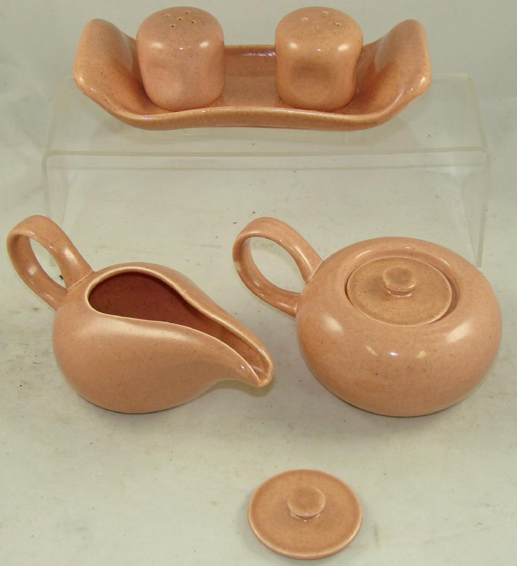 (5+) PIECES RUSSEL WRIGHT CORAL DINNERWARE: Salt, pepper, with underplate; sugar bowl and creamer (or gravy); extra sugar bowl lid; imperfection on edge of gravy/creamer; longest L-8", VG-EX