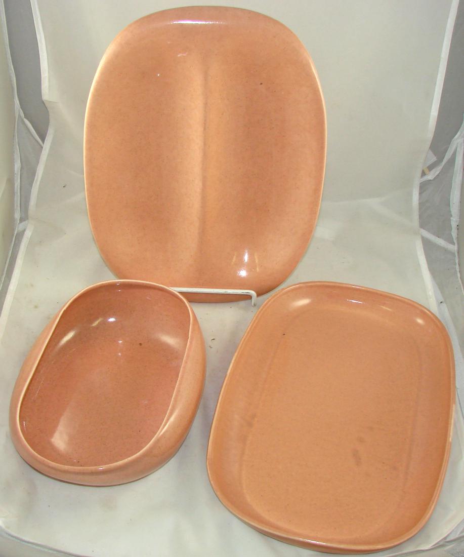 (3) PIECES RUSSEL WRIGHT CORAL SERVING DISHES: Oblong bowl, divided dish and platter; some glaze imperfections; longest L-13 1/2", VG-EX