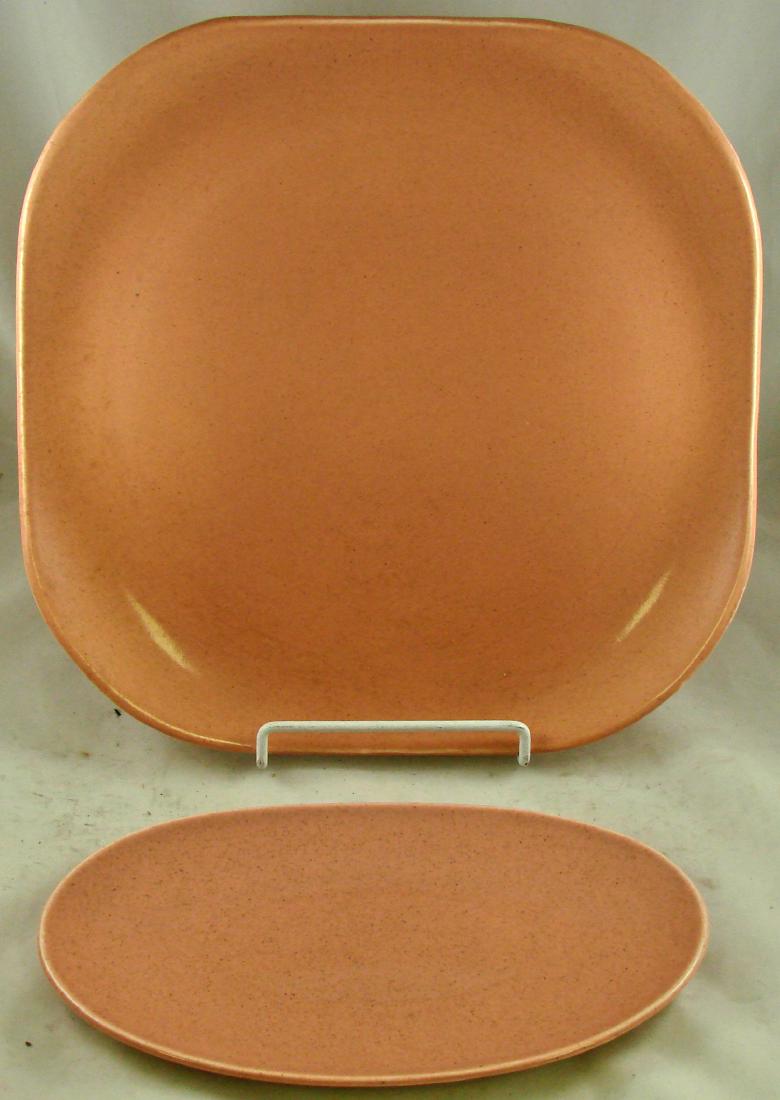 (2) PIECES RUSSEL WRIGHT CORAL PLATTER & OVAL DISH: Glaze marks on underside; largest L-13 1/2", EX-NM