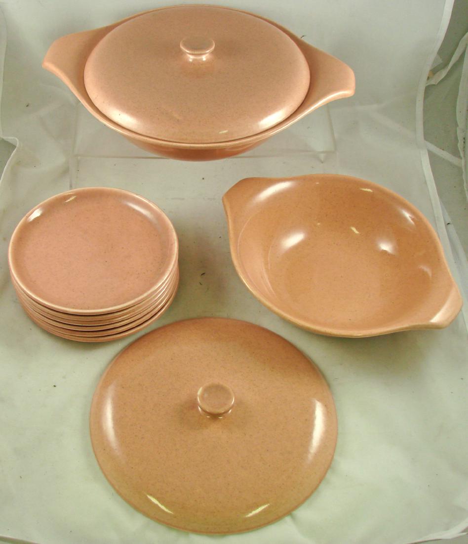 (8+) PCS. RUSSEL WRIGHT CORAL: Vegetable bowl, covered dish, extra lid, (6) 6 inch plates; glaze marks; longest L-12", EX-NM