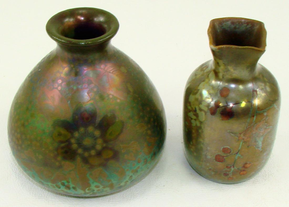 (2) CLEMENT MASSIER ART POTTERY VASES: Each signed, larger stamped (and signed) Clement Massier Golfe Juan; smaller vase has flakes to glaze along top rim; H-3 3/4" - 3 5/8", G-EX