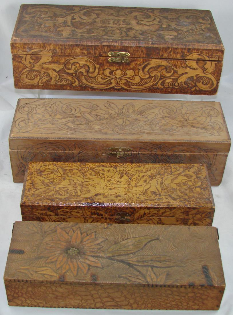 (4) PYROGRAPHY GLOVE BOXES: (1) Marked Flemish on bottom; decorative design with initials on top; (3) unmarked, floral; (1) is lined; longest 12 3/4", G-VG