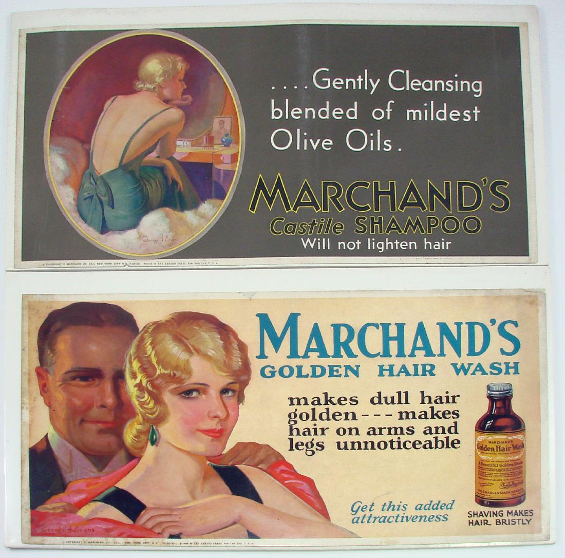 (2) MARCHANDS SHAMPOO ADVERTISING TROLLEY CARDS: both featuring artwork by George H. Evans, (1) "Marchand's Golden Hair Wash": spotting and staining to right side, litho/paper loss top central margin, overall soiling and wear to margins; "copyright 