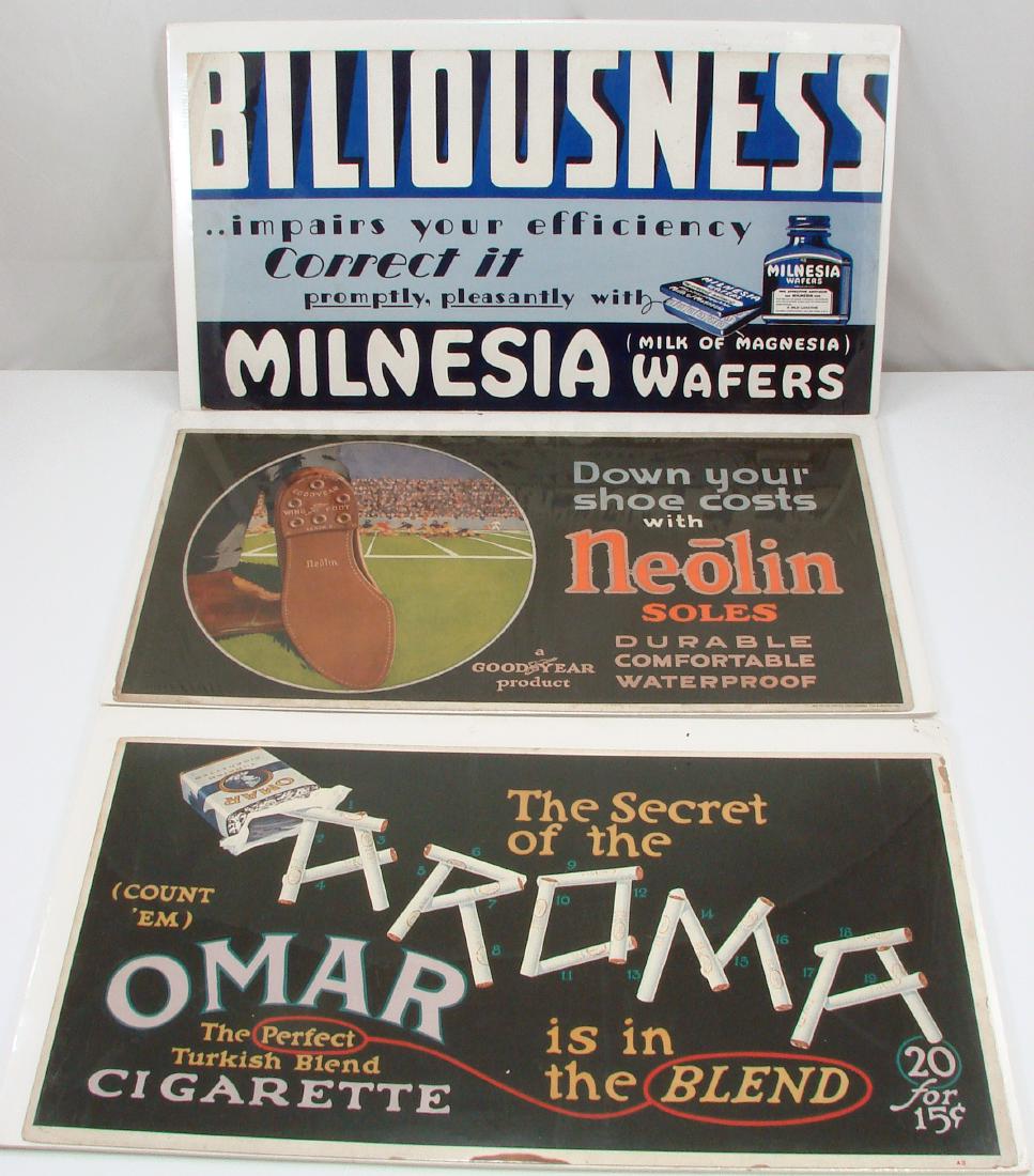 (3) ADVERTISING TROLLEY CARDS: (1) Neolin Goodyear Soles: corner wear and edge stains; "No 15 Â© 1920 by the Goodyear Tire and Rubber Co."; (1) Omar Turkish Cigarette: dark spot on bottom margin; losses to upper corner/edge; (1) 