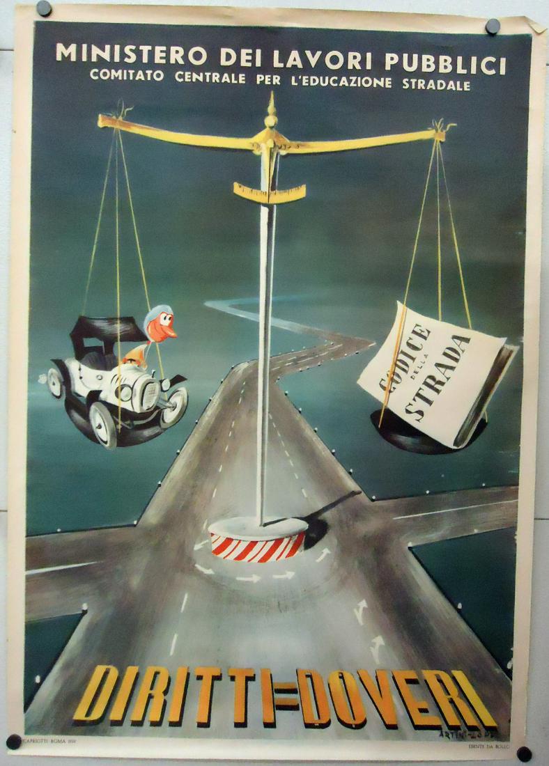 ITALIAN AUTO ROAD RULES POSTER: 1959 Public Works Driving advertisement; Artini-Lopez (artist); Ministero Dei Lavori Pubblici; minor toning and creasing, mostly on border; minor edge roughness on bottom right side; 39 1/2" x 27 3/4"