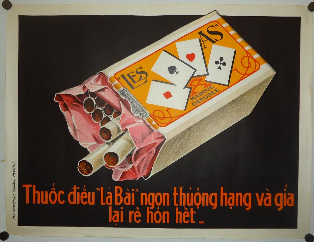 VIETNAMESE FRENCH CIGARETTE ADVERTISING POSTER: "Les As", minor toning, edge tears, creasing; 19 1/2" x 26", G-VG