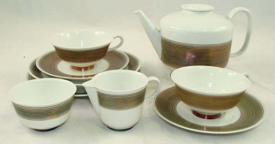 MARGUERITE FREIDLANDER BAUHAUS KPM PORCELAIN SET: Marguerite Friedlander-Wildenhain & Trude Petri â€œCirclesâ€ for KPM Porcelain Bauhaus Tea Service, (9) Pieces, 2-teacups and saucers, 2-luncheon plates, teapot with lid, sugar, creamer; teapot