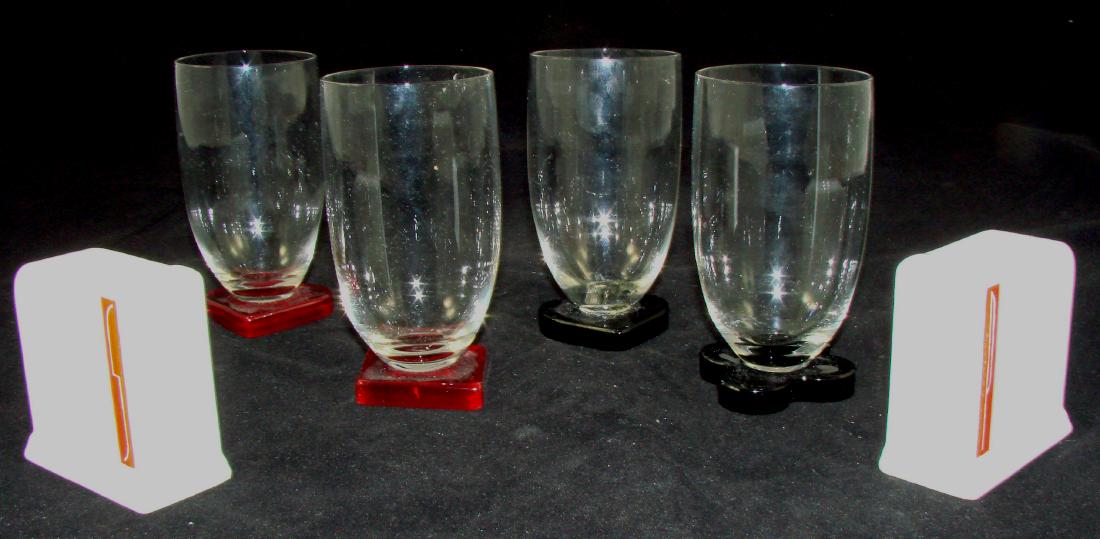 (4) PC. BRIDGE TUMBLERS & SHAKERS: Includes: (4) Piece glass tumbler set with card suite bases, spade base re-glued; H-5"; pair of glazed ceramic salt & pepper shakers, 1930's style, H-3", G-VG
