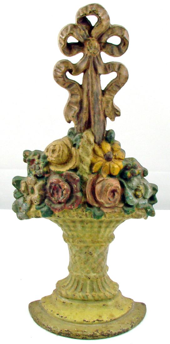 LARGE BASKET OF FLOWERS DOORSTOP: Painted cast iron; minor losses; H-16", G-VG