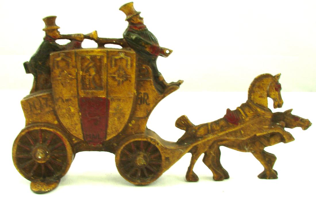 STAGECOACH DOORSTOP: Painted cast iron; "London Royal Mail"; normal wear and paint loss; L-12", VG+
