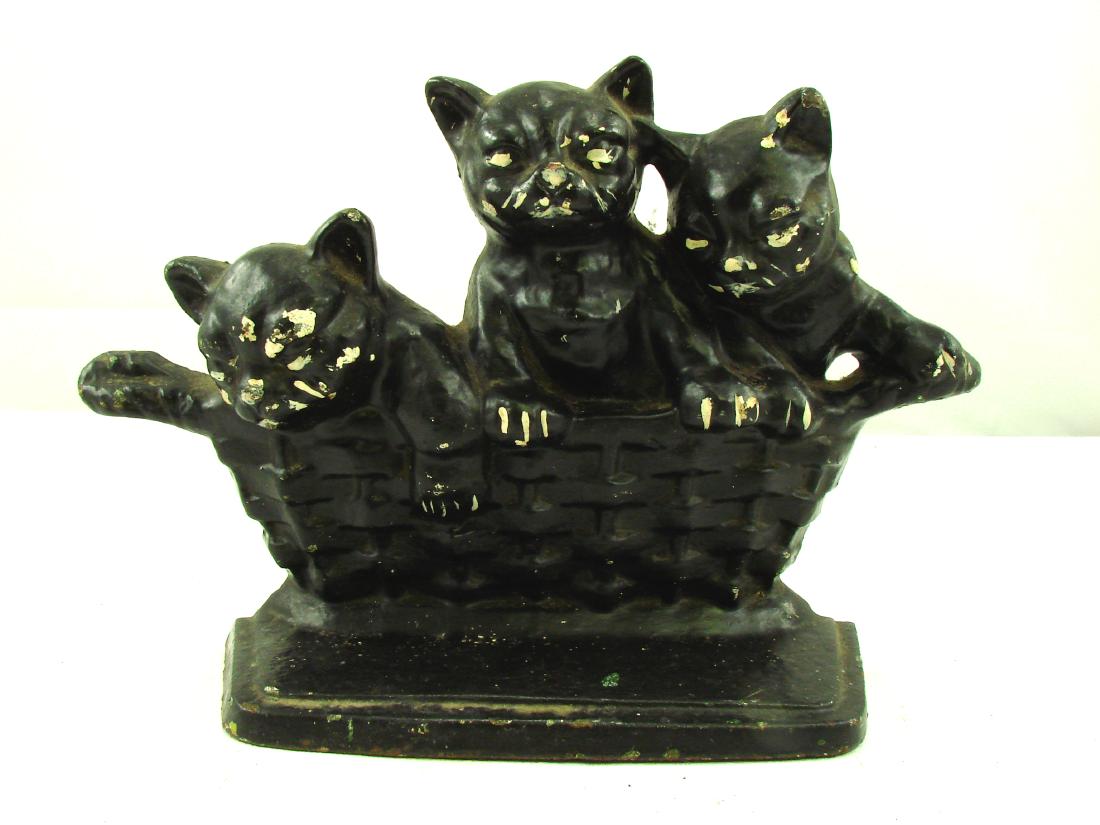 BASKET OF KITTENS DOORSTOP: Painted cast iron; "copyright 1932 M Rosenstein Lancaster PA USA"; paint chips, L-10", VG