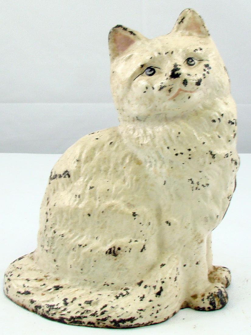 WHITE PERSIAN CAT DOORSTOP: Painted cast iron; moderate paint chips; H-8 1/4", VG