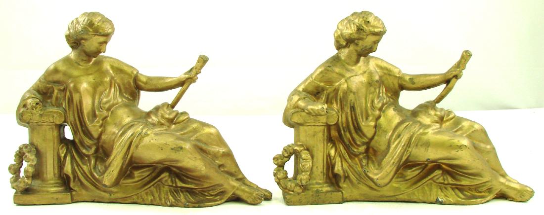 PAIR OF SPELTER CLASSICAL FIGURE GARNITURES: Painted spelter figures of matching women, possibly Athena; reclining against a Corinthian column; (1) missing hand; possibly clock ornaments; L-9", G-VG