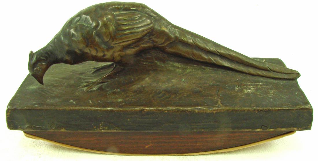 GORNIK AUSTRIAN BRONZE BIRD SCULPTURE / BLOTTER: Bronze pheasant, signed F. Gornik; (Friedrich Gornik 1877-1943); monogram [AR] (foundry mark); mounted to desk blotter base; some abrasions to patina on base; L-7 1/4", VG