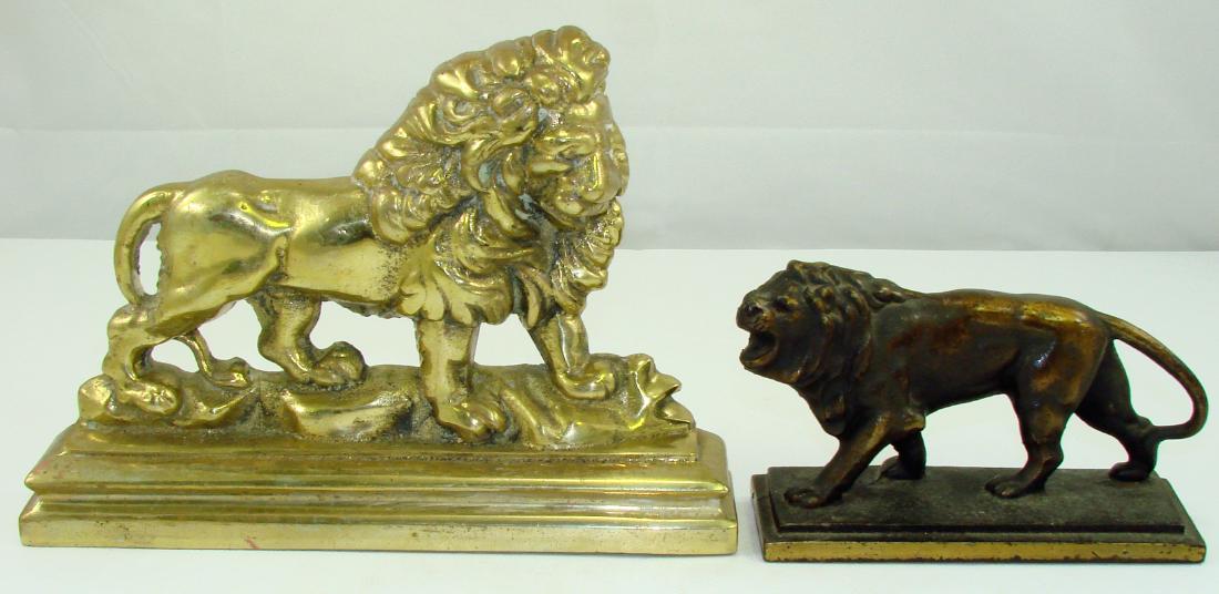 (2) LION DOORSTOPS: Largest is brass, smaller is metal; longest L-10", G-VG