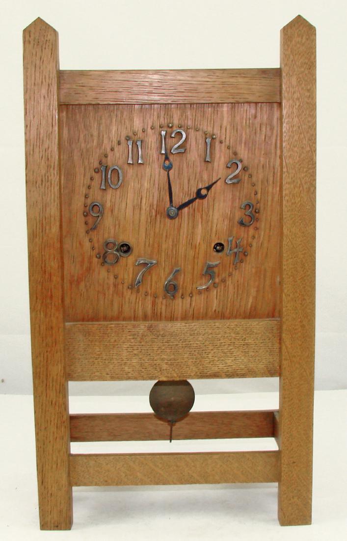 ARTS & CRAFTS SESSIONS CLOCK: Runs; most of original label still intact; missing two screws on back side; H-17 1/2", L-10", G-VG