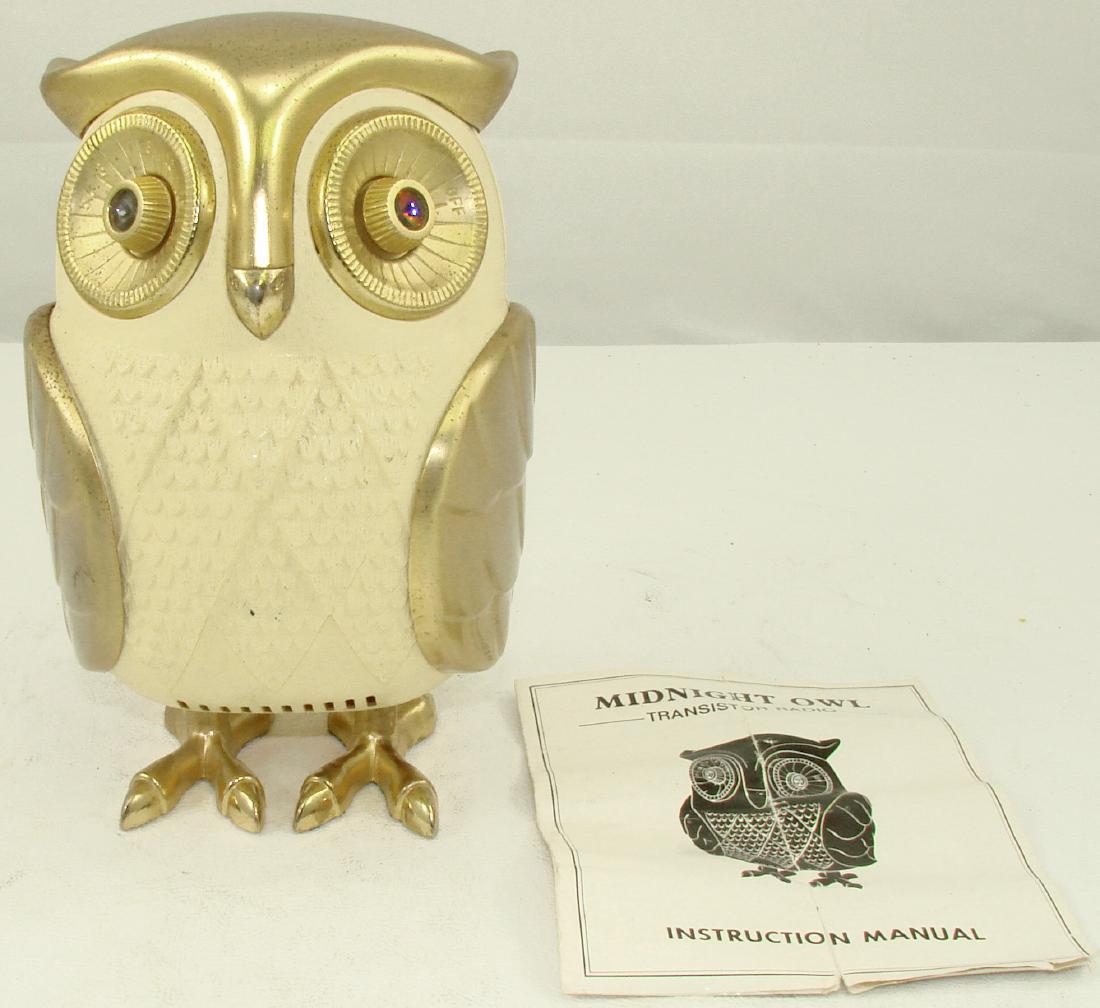 MIDNIGHT OWL TRANSISTOR RADIO: Includes instruction manual with schematic diagram; eyeballs are dials; takes (1) 9V battery; works; made in Japan; manual is torn and creased; metal has minor spottiness, few marks; H-7", VG-EX