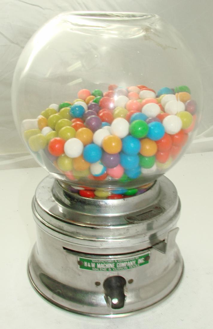 CHROME BASE GUMBALL MACHINE: H & W Machine Company; lock replaced with small Masterlock and key; some light wear to metal; H-10 1/4", G-VG