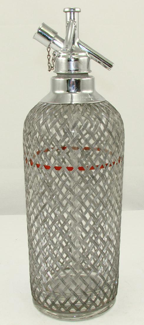 SPARKLETS SELTZER BOTTLE: Wire covered glass bottle, bottle marked "made in Czechoslovakia"; chrome CO2 dispenser; retains glass tube; H-13", EX