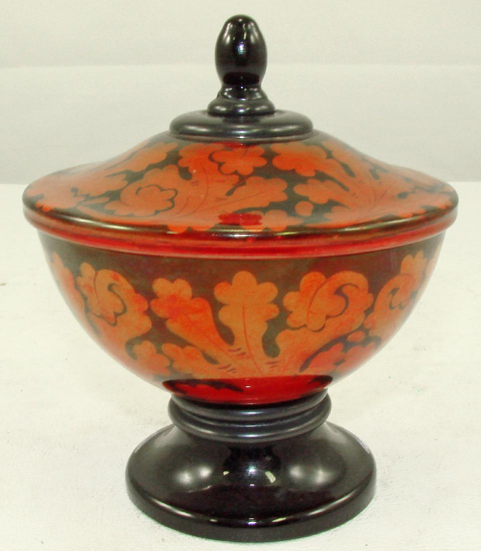 JEAN BECK ART GLASS COVERED COMPOTE: Red glass with black finial and base; Art Nouveau tendril pattern; etched signature on base, "Jean Beck Munchen"; H-5", VG+