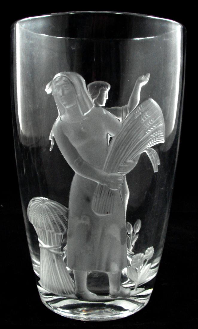 VERLYS CARL SCHMITZ SEASONS DECO VASE: Clear glass vase with Art Deco depiction of "Spring" and "Fall"; signed underside, dated 1940; H-8 1/4", EX