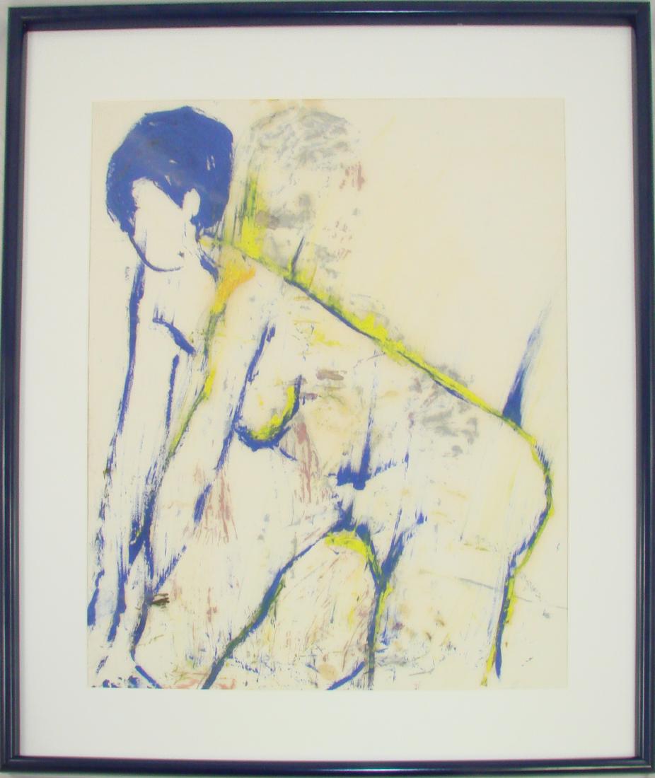 DOROTHY RUTH SATTER MIXED MEDIA FIGURE: Appears to be tempera paint on tissue or onion skin paper; nude form; label on reverse: "Dorothy Ruth Satter Mixed Media Exhibition in Memorium" dated 1982; unexamined out of frame; sight size: 23" x 