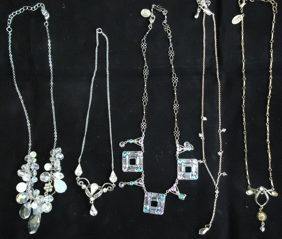 (5) RHINESTONE NECKLACES-DESIGNER & VINTAGE: Includes: (1) unsigned glass bead and rhinestone necklace with moonstone style glass beads; L-18 1/2"(1) "Belladonna" Toronto Canada Art Nouveau style designer necklace; L-17 1/2" (1) glass bead laria