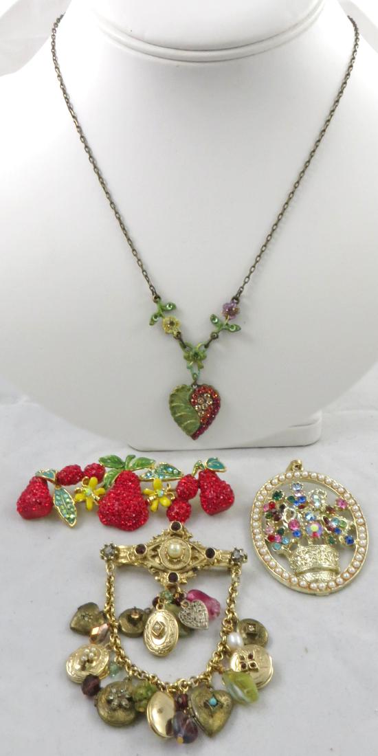 (4) PCS. COSTUME RHINESTONE JEWELRY: (1) "Belladonna: heart-drop necklace, L-17 1/2"; (1) pearl outlined bouquet pendant, goldtone, L-2 3/4"; (1) red pear and butterfly pin, L-3 1/4"; (1) "Graziano" gold tone pin with chain and lockets, 