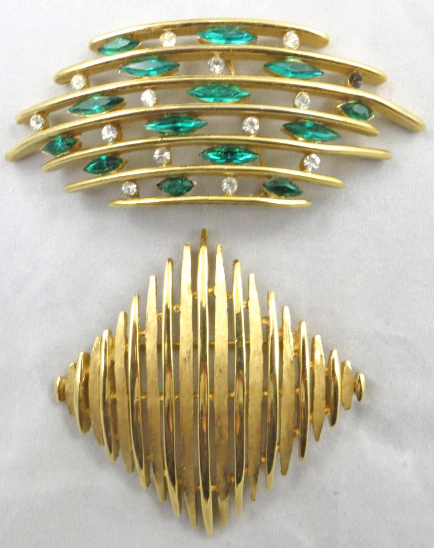 (2) TRIFARI BROOCHES, 1960'S: Goldtone, (1) with green and white rhinestones, (1) white rhinestone missing, longest L-3 1/4", G-VG