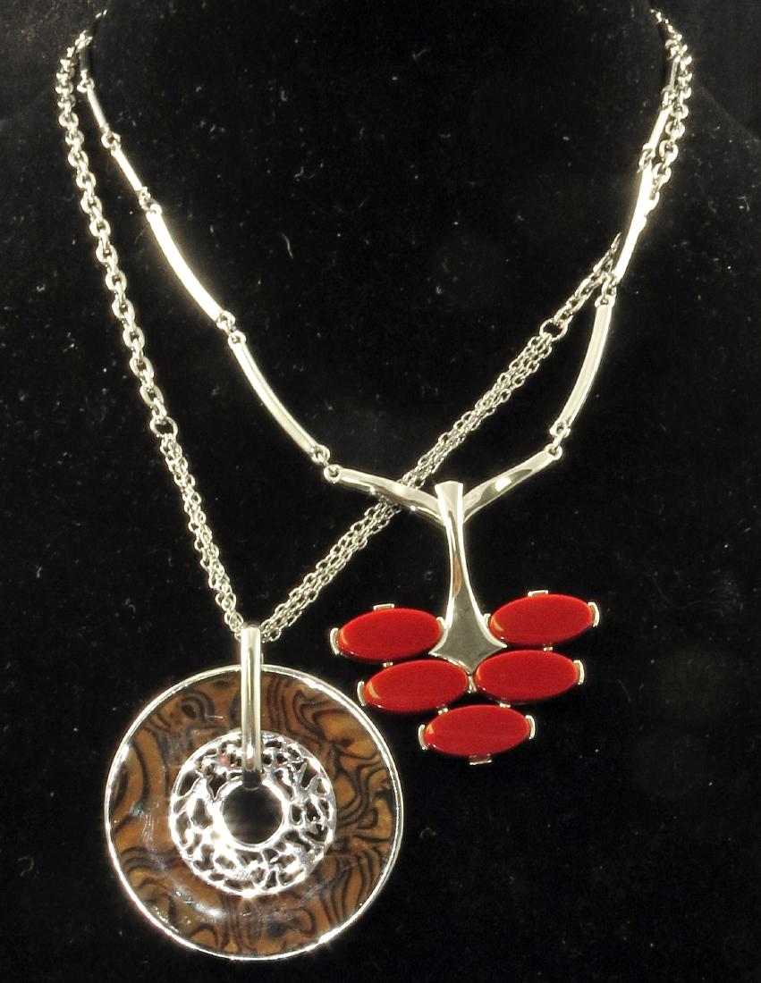 (2) PCS. MID CENTURY COSTUME JEWELRY PCS. - COVENTRY,: All silvertone, includes: (1) necklace with ring type pendant, faux tortoise and with open work ring, L-19 1/2"; (1) Sara Coventry necklace, red flat stones, L-17", EX