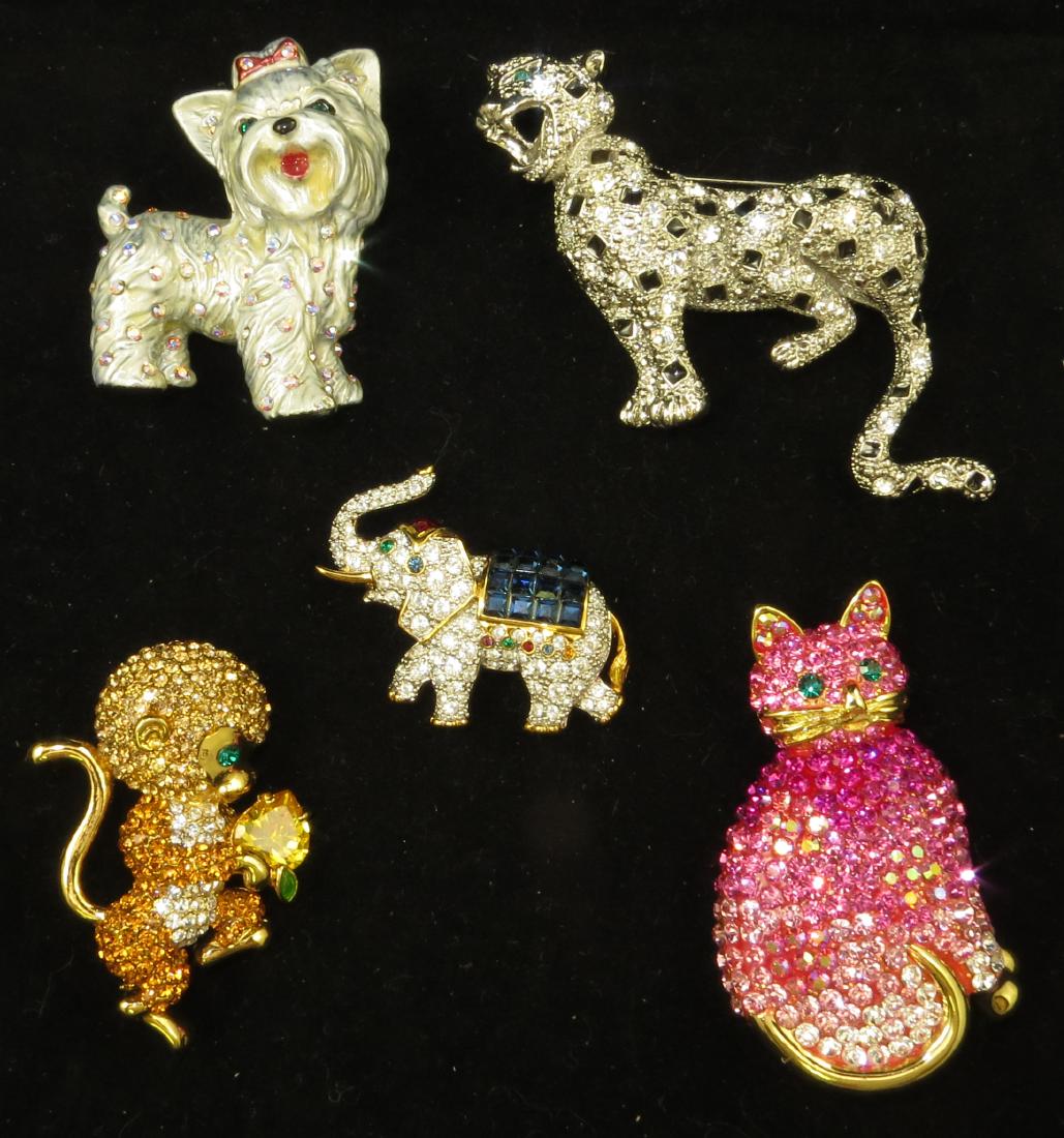 (5) RHINESTONE FIGURAL ANIMAL PINS: Includes: pink cat, gold tone metal, pin and bail back, L-2 1/2"; (1) leopard, silver tone metal, clear and black rhinestones, growling, L-2 5/8"; (1) monkey, pin and bail back, goldtone metal, L-2";