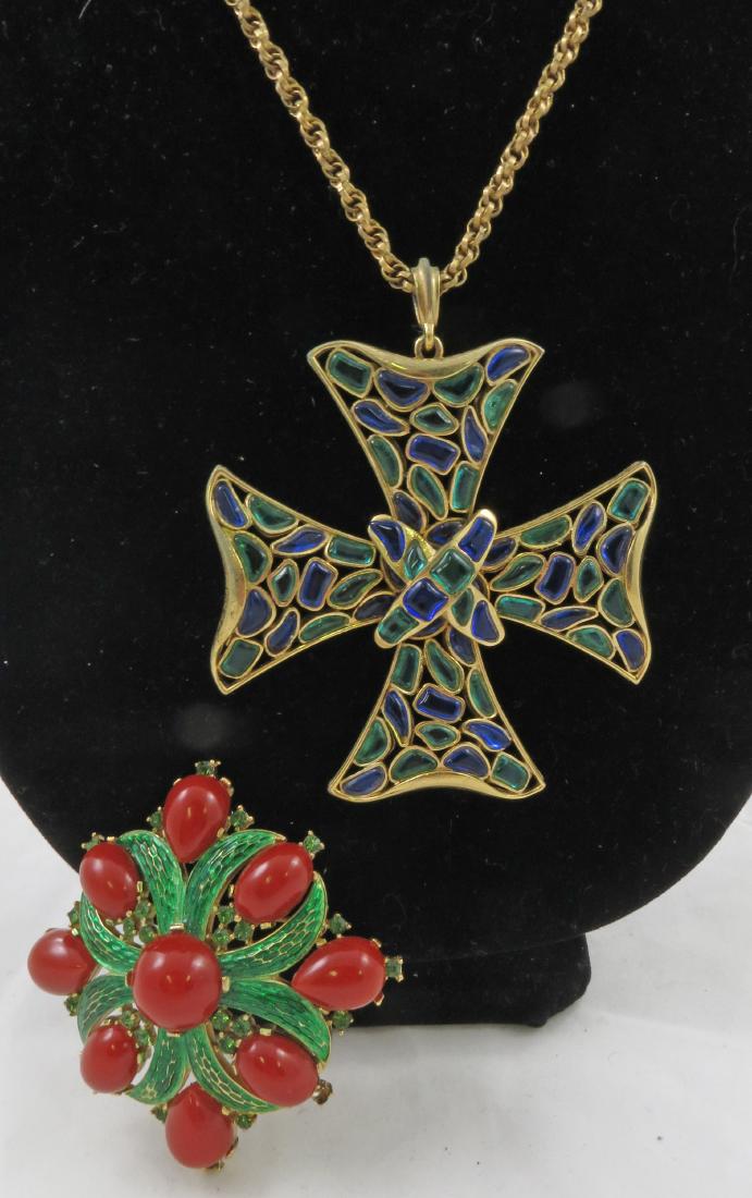 TRIFARI BROOCH & PENDANT NECKLACE - 1960'S: Brooch is missing one small green rhinestone, very minor gold tone loss on pendant necklace, necklace L-15", G-VG