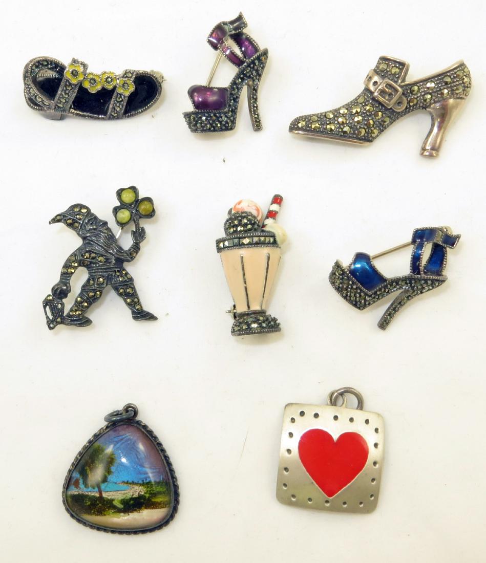 (8) PIECES STERLING JEWELRY: Includes: (1) sterling pendant with enameled heart, marked 925 "Carol"; L-1 1/8"; (1) sterling scenic butterfly wing pendant, marked "England" "Sterling" "PT202213", L-1 1/4"; (1) Sterling sandal form