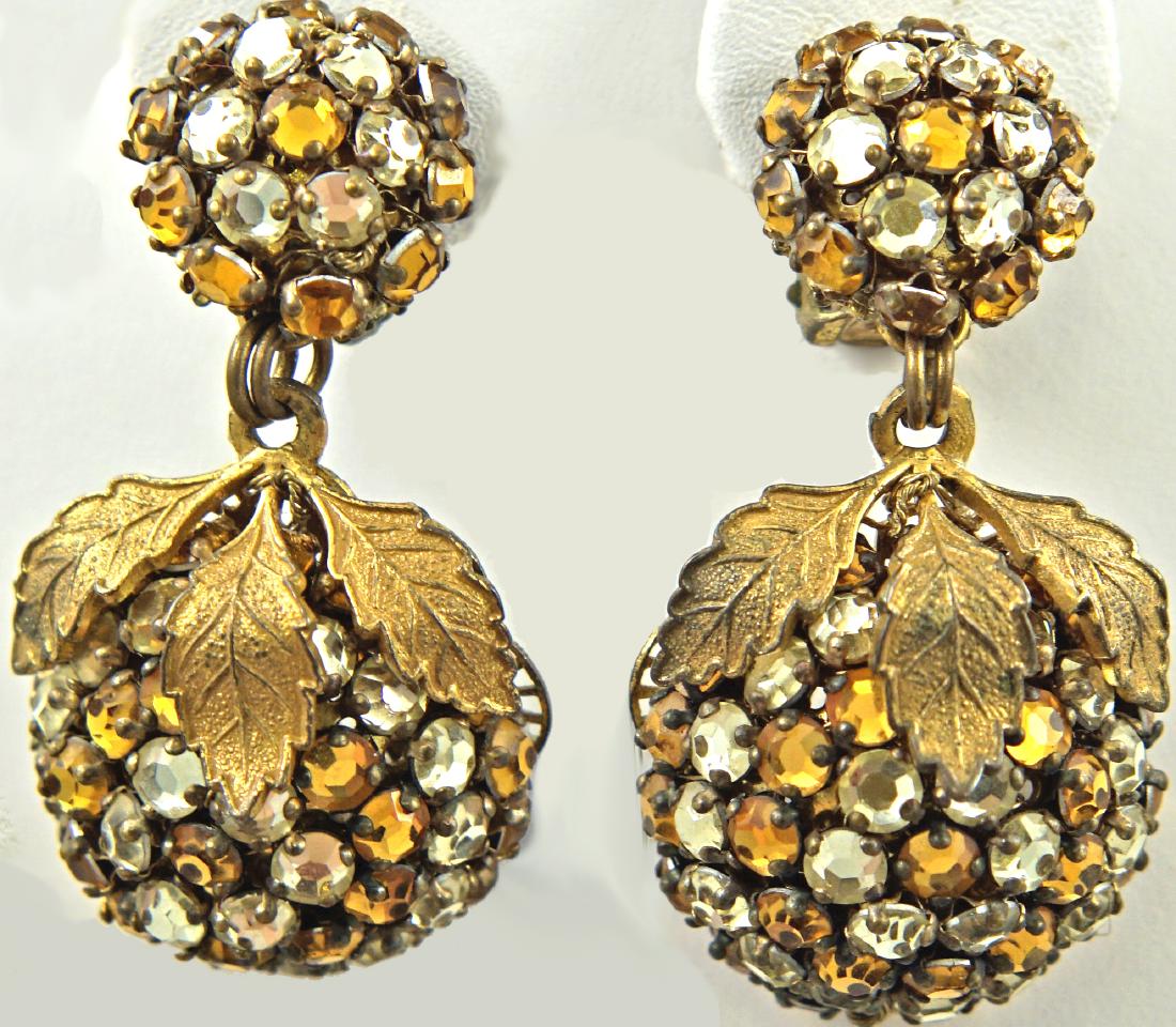PAIR EARLY MIRIAM HASKELL CLIP-ON EARRINGS: Berry form earrings, set with amber and clear rhinestones, signed Miriam Haskell, L-2"; EX