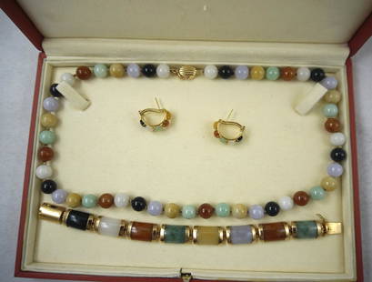 GUMPS 14K GOLD & JADE JEWELRY SET with ORIGINAL BOX: Bracelet, beaded necklace and pair of pierced earrings; stamped 14K and Gumps; longest L-19", EX-NM