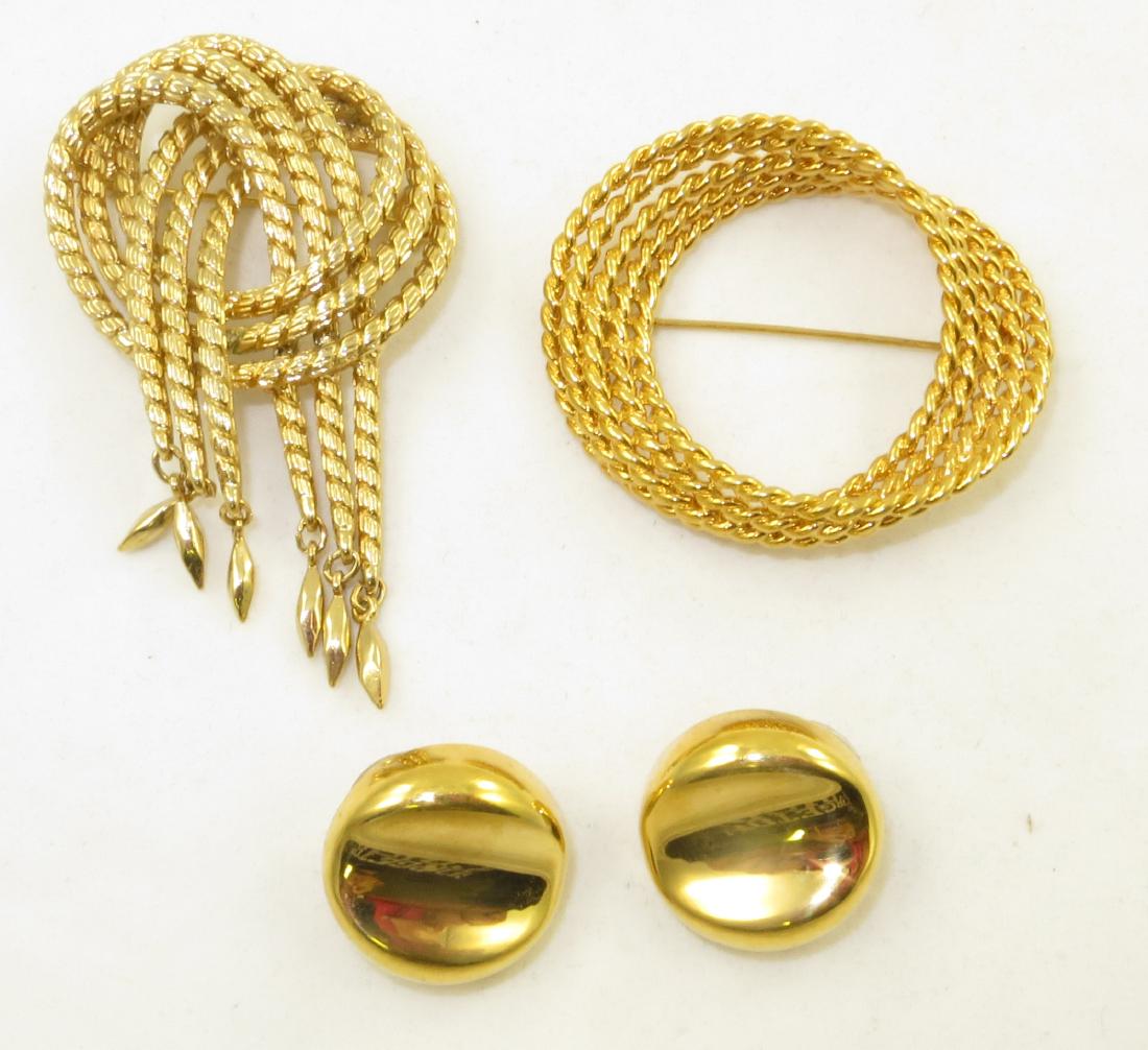 (3) PIECES VINTAGE MONET GOLDTONE JEWELRY: Includes: (1) pair post style pierced earrings; (1) knot form brooch, signed, L-2 3/4"; (1) ring form brooch, signed, L-2 1/8", overall EX-NM