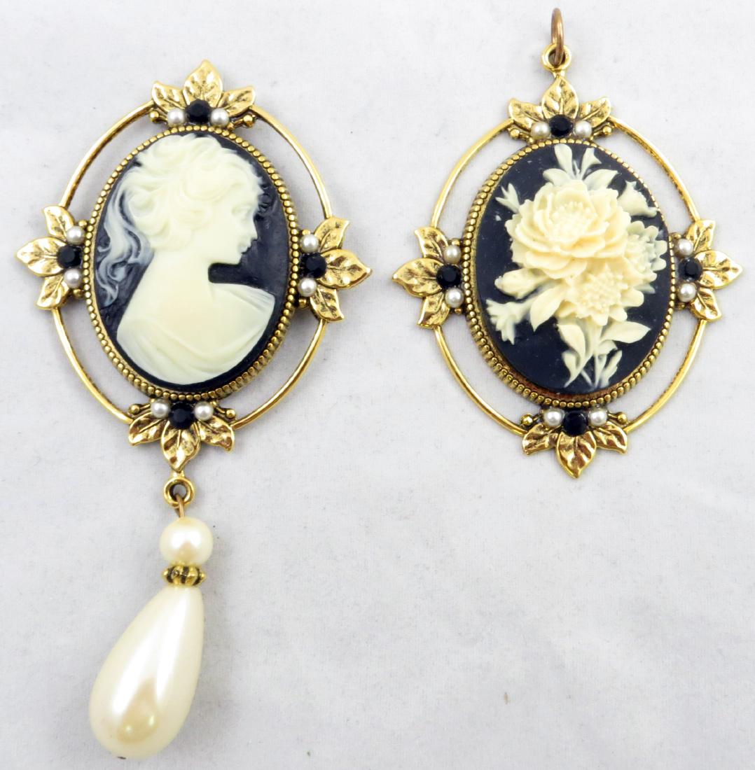 (2) PCS. CONTEMPORARY COSTUME FRAN BASDEN HURST: Includes: (1) faux camel with faux pearl drop, brooch, with original card and box; L-4 1/4"; (1) floral faux cameo pendant, in original box; L-3"; EX-NM