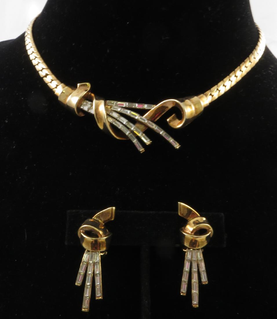 (3) TRIFARI NECKLACE & EARRING SET: Goldtone with clear rhinestone spray; clip earrings; longest L-16", VG-EX