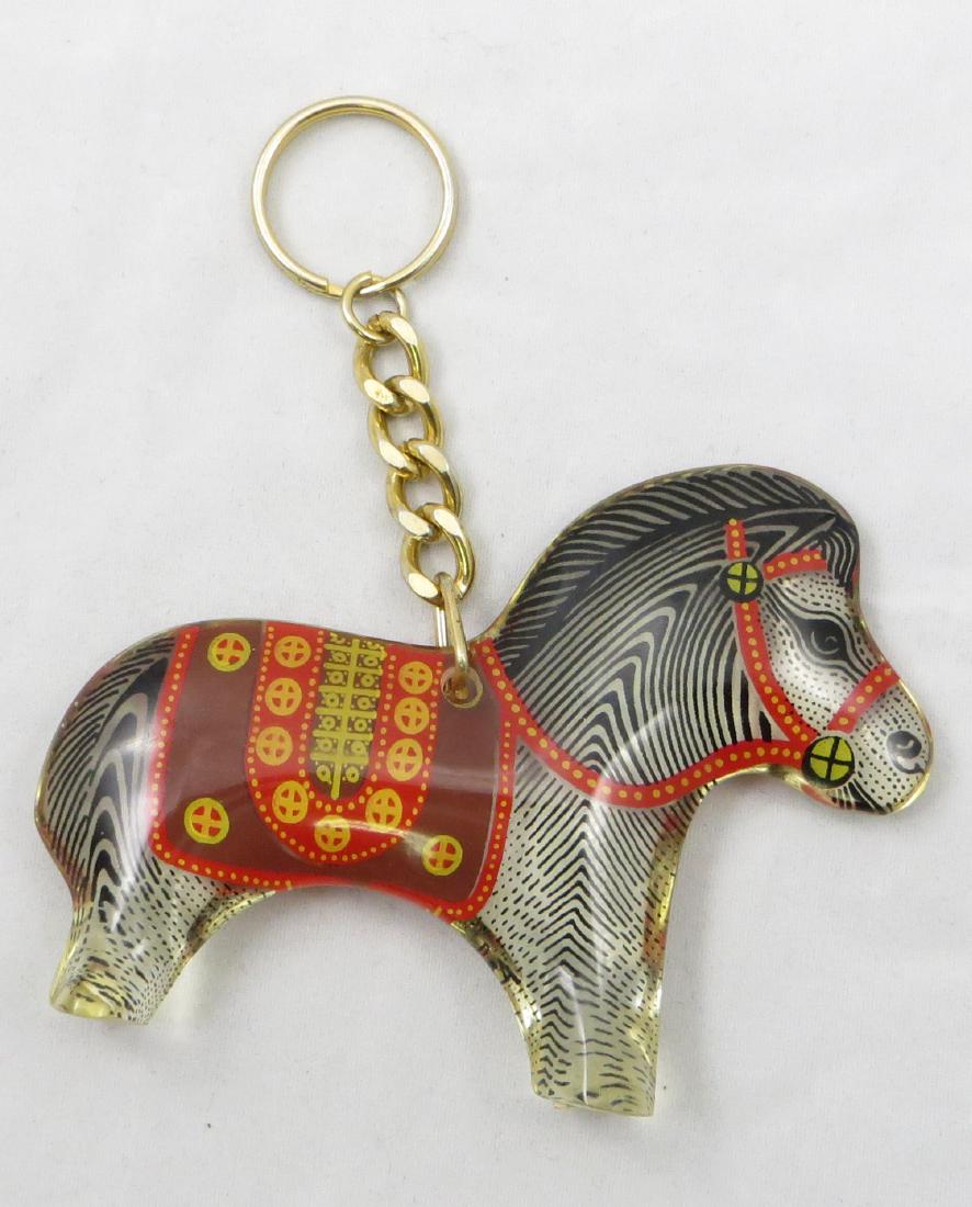PALATNIK LUCITE HORSE KEYCHAIN: Unusual lucite keychain, multi-colored horse, sticker marked "Made in Brazil", signed Pal, for designer Abraham Palatnik, L-4"; EX