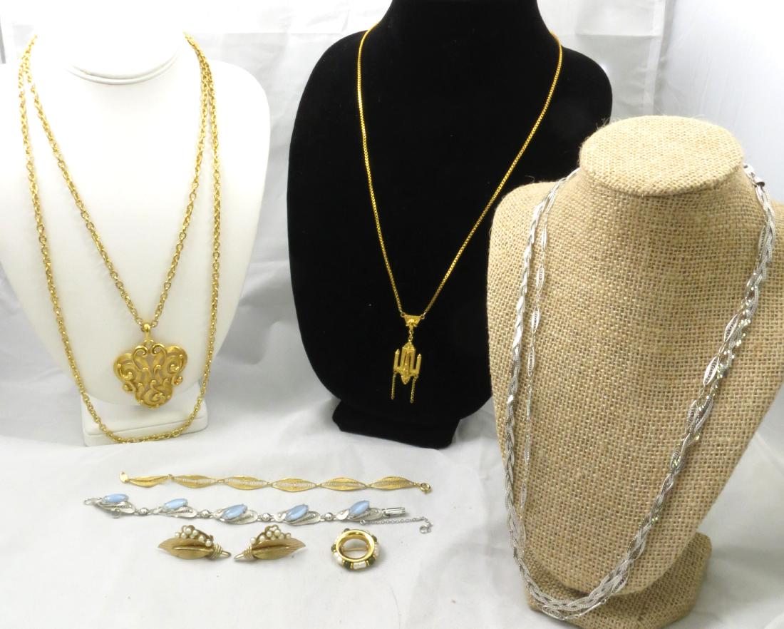 (8) PCS. SIGNED COSTUME: BOUCHER, TRIFARI, NAPIER: (1) pair Boucher clip-on earrings with faux pearl ornament; (1) circle pin with green and fresh water pearl beads, signed Napier; (1) goldtone necklace, signed Art ©, L-25"; (1) goldtone Trifari neck