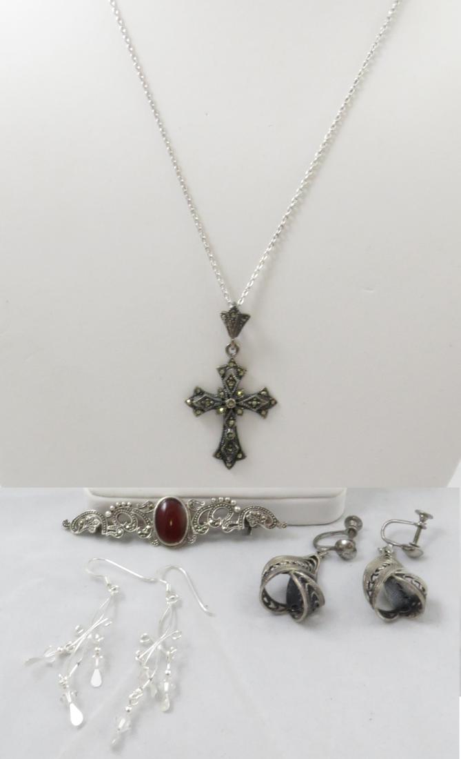 (5) PCS. STERLING COSTUME JEWELRY: Includes: (1) pair pierced "chandelier" style earrings, set with clear faceted beads; (1) pair screw-back earrings, coiled form; (1) vintage look bar pin, stamped 925, set with marcasites and carnelia